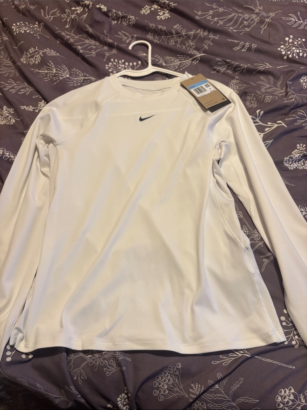 Nike White Long-Sleeve Dri-FIT Crew with Black Swoosh